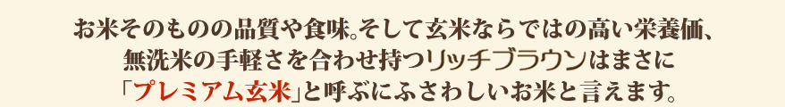 お米そのものの品質や食味。そして玄米ならではの高い栄養価、無洗米の手軽さを合わせ持つリッチブラウンはまさに「プレミアム玄米」と呼ぶにふさわしいお米と言えます。